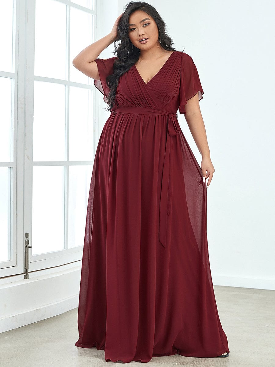 Robe de soirée en mousseline de soie longue de grande taille à encolureen V Maxi #Couleur_Bordeaux