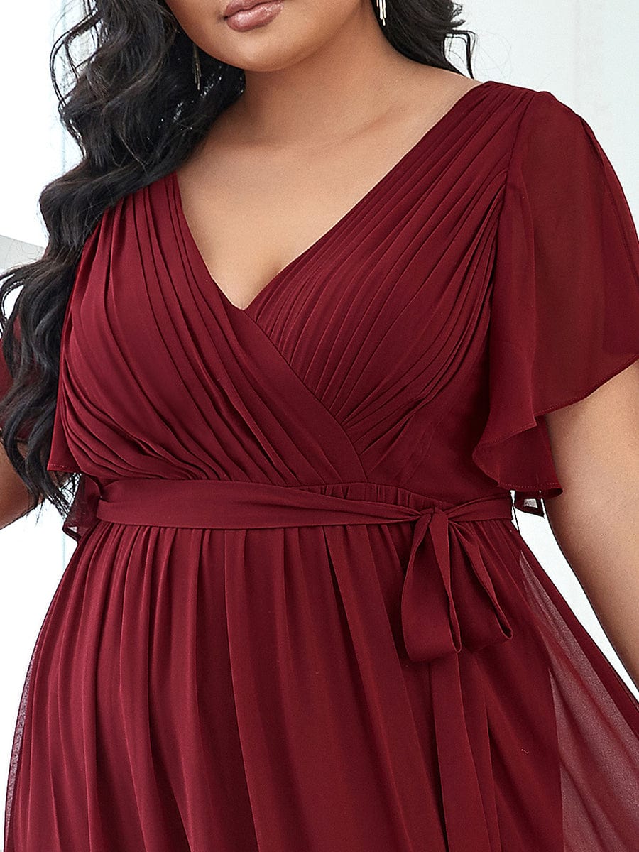 Robe mariage invitée en mousseline de soie longue de grande taille à encolure en V Maxi #Couleur_Bordeaux