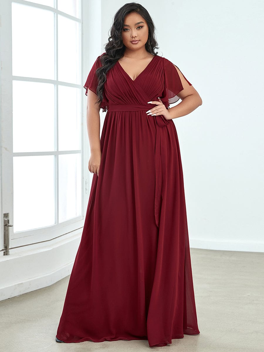 Robe de soirée en mousseline de soie longue de grande taille à encolureen V Maxi #Couleur_Bordeaux