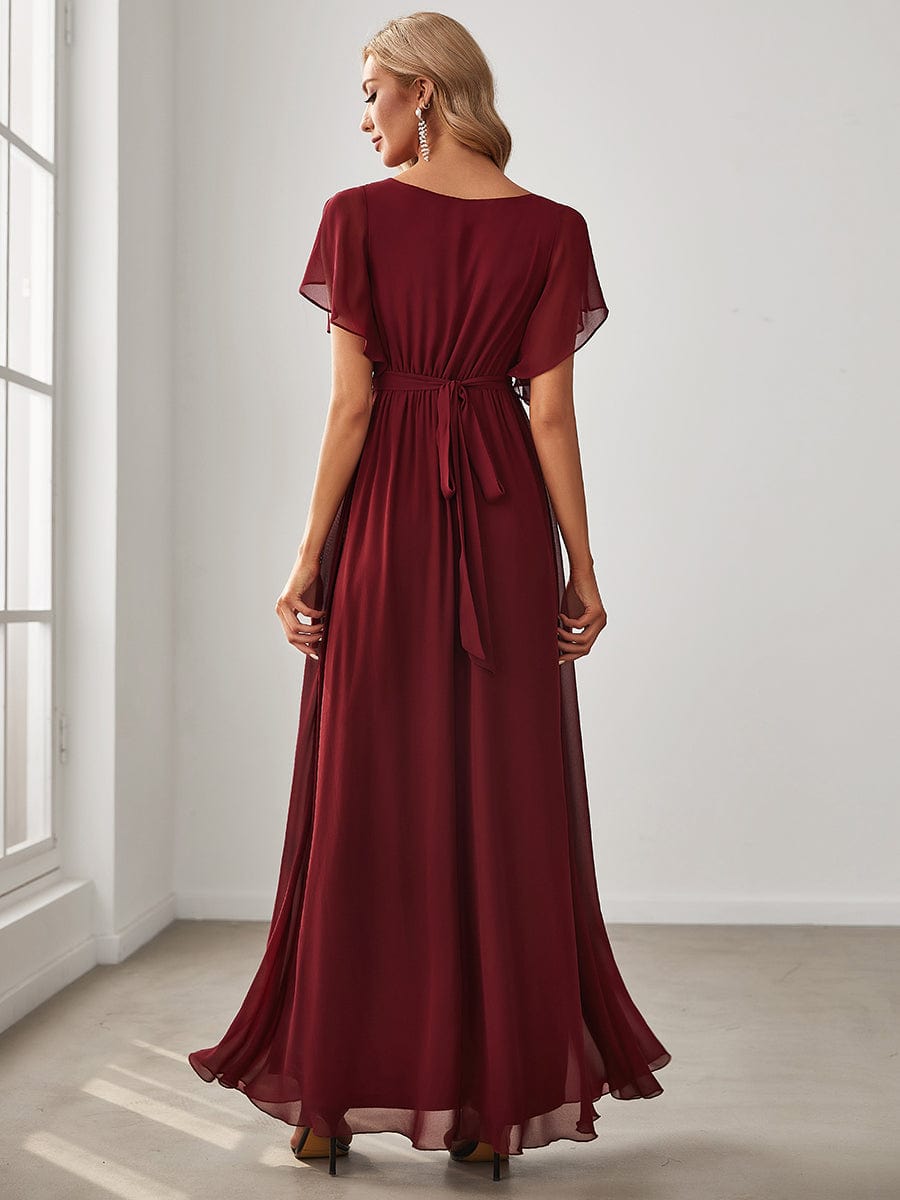 Robe mariage invitée en mousseline de soie à encolure en V et à manches flottantes #Couleur_Bordeaux