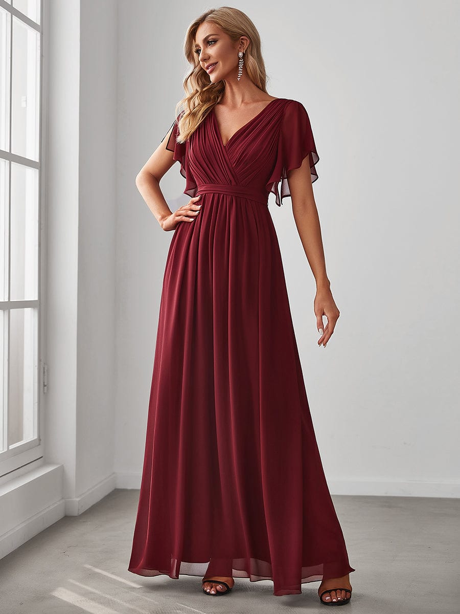 Robe mariage invitée en mousseline de soie à encolure en V et à manches flottantes #Couleur_Bordeaux