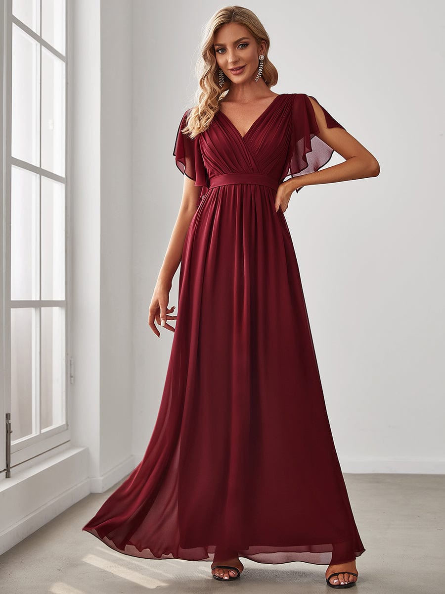 Robe mariage invitée en mousseline de soie à encolure en V et à manches flottantes #Couleur_Bordeaux