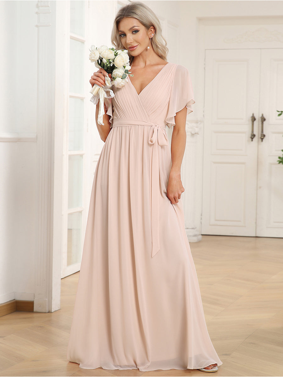 Robe mariage invitée en mousseline de soie à encolure en V et à manches flottantes #Couleur_Rougir