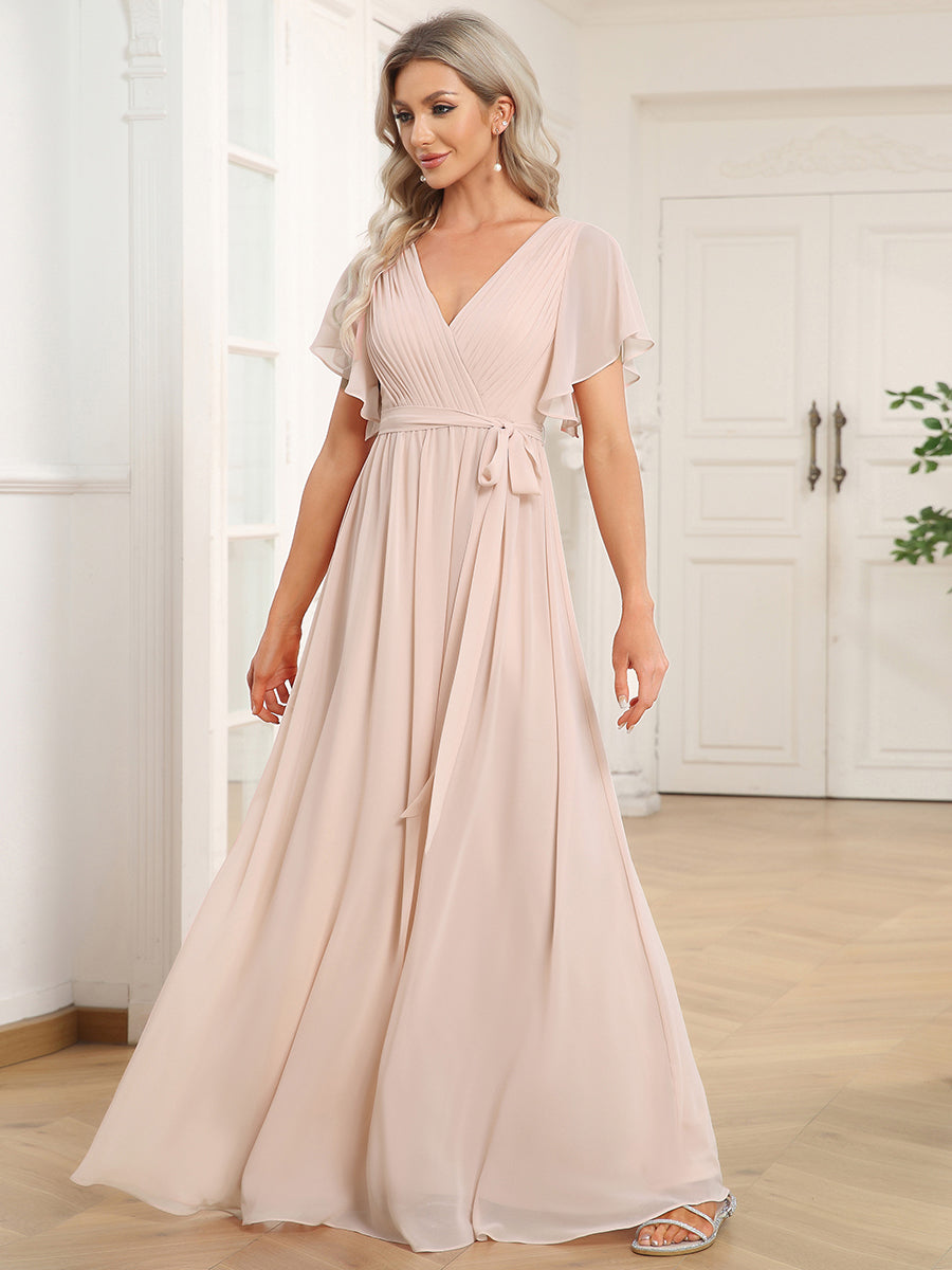 Robe mariage invitée en mousseline de soie à encolure en V et à manches flottantes #Couleur_Rougir