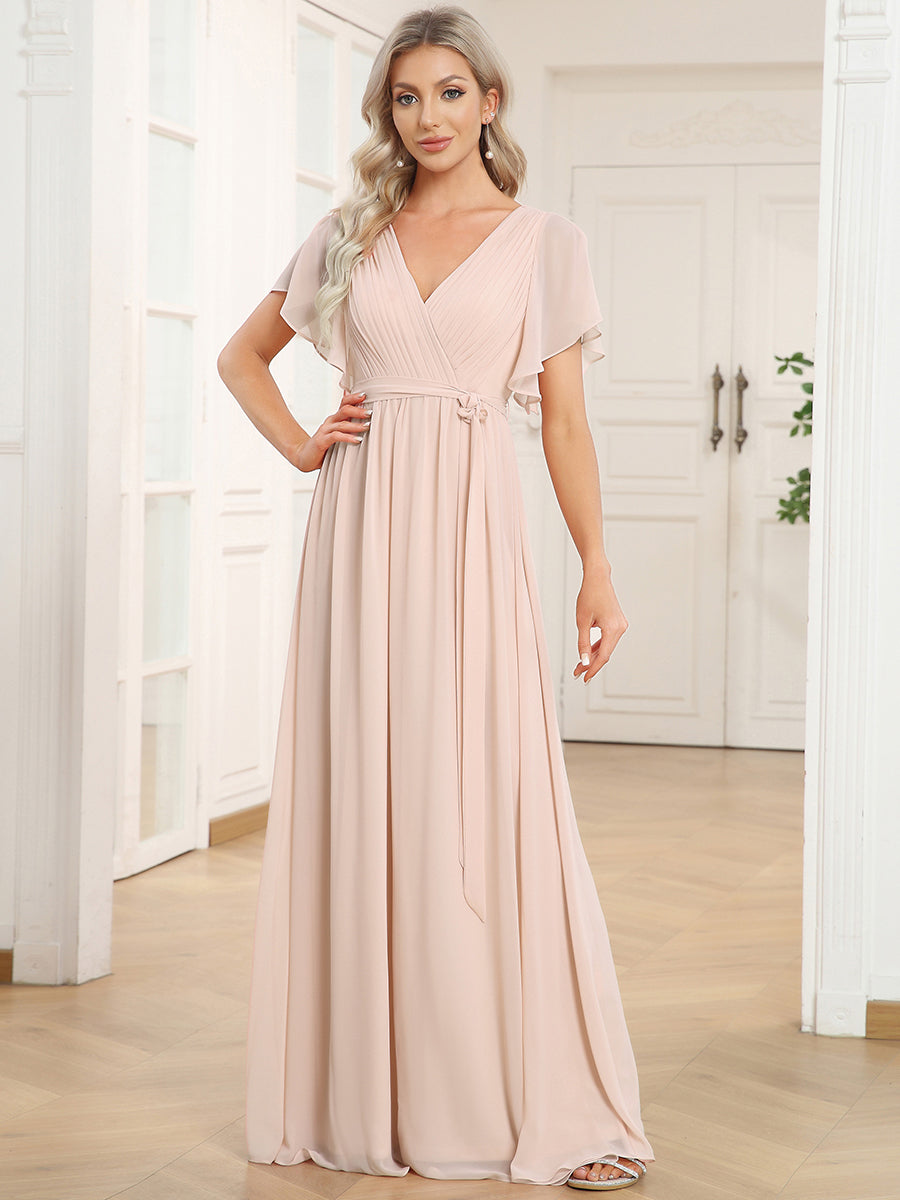 Robe mariage invitée en mousseline de soie à encolure en V et à manches flottantes #Couleur_Rougir