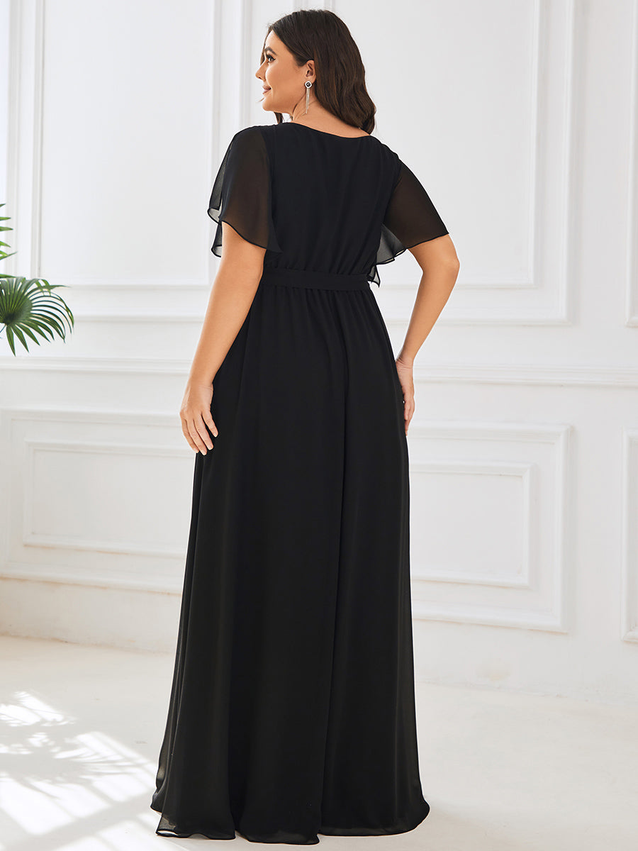 Robe mariage invitée en mousseline de soie longue de grande taille à encolure en V Maxi #Couleur_Noir