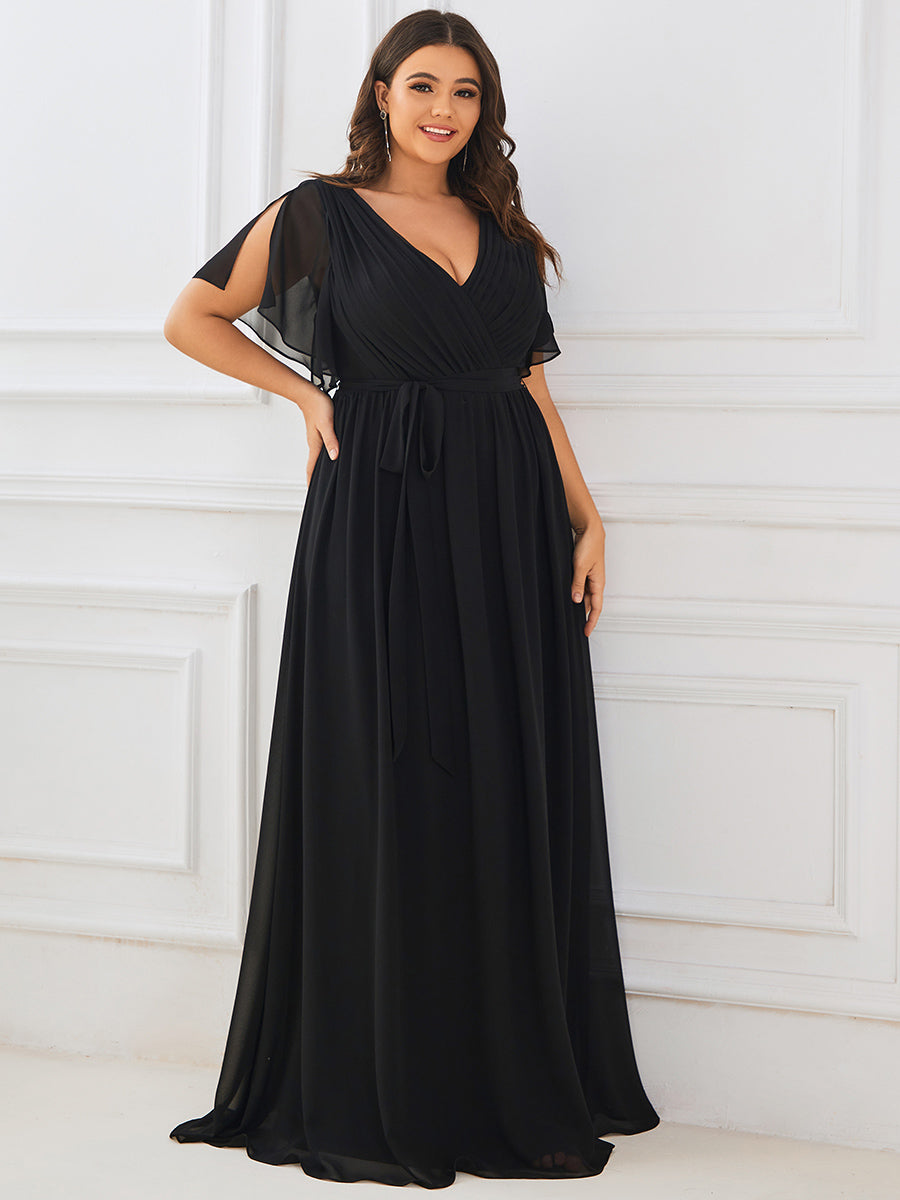 Robe de soirée en mousseline de soie longue de grande taille à encolureen V Maxi #Couleur_Noir