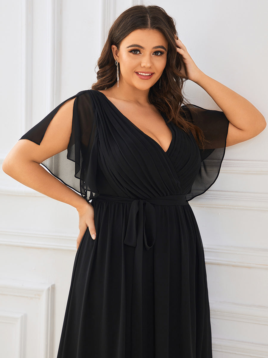 Robe de soirée en mousseline de soie longue de grande taille à encolureen V Maxi #Couleur_Noir