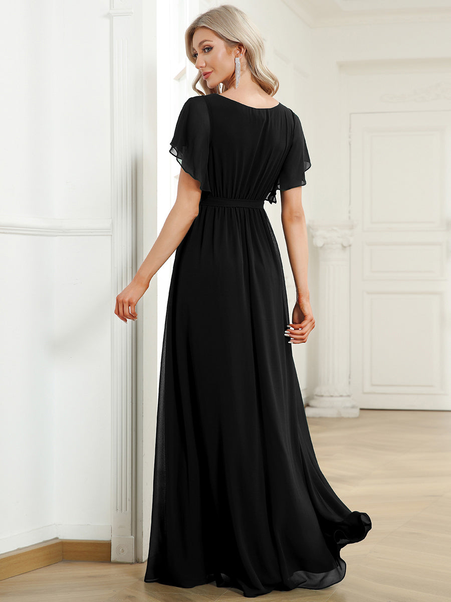 Robe mariage invitée en mousseline de soie à encolure en V et à manches flottantes #Couleur_Noir