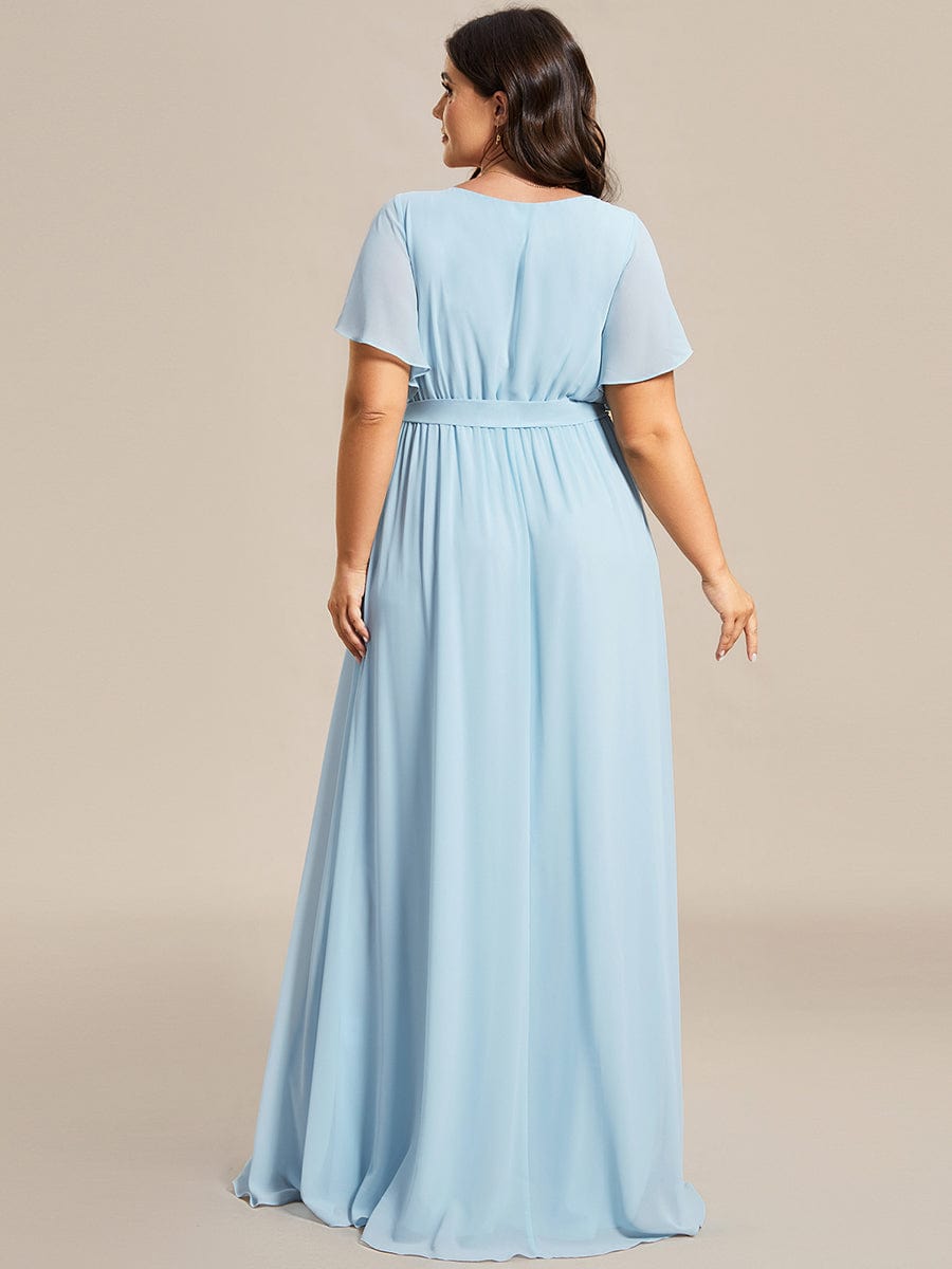 Robe mariage invitée en mousseline de soie longue de grande taille à encolure en V Maxi #Couleur_Bleu Ciel