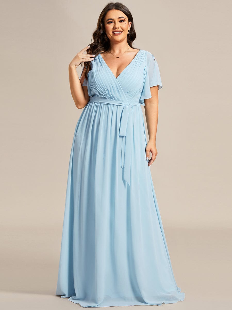 Robe mariage invitée en mousseline de soie longue de grande taille à encolure en V Maxi #Couleur_Bleu Ciel