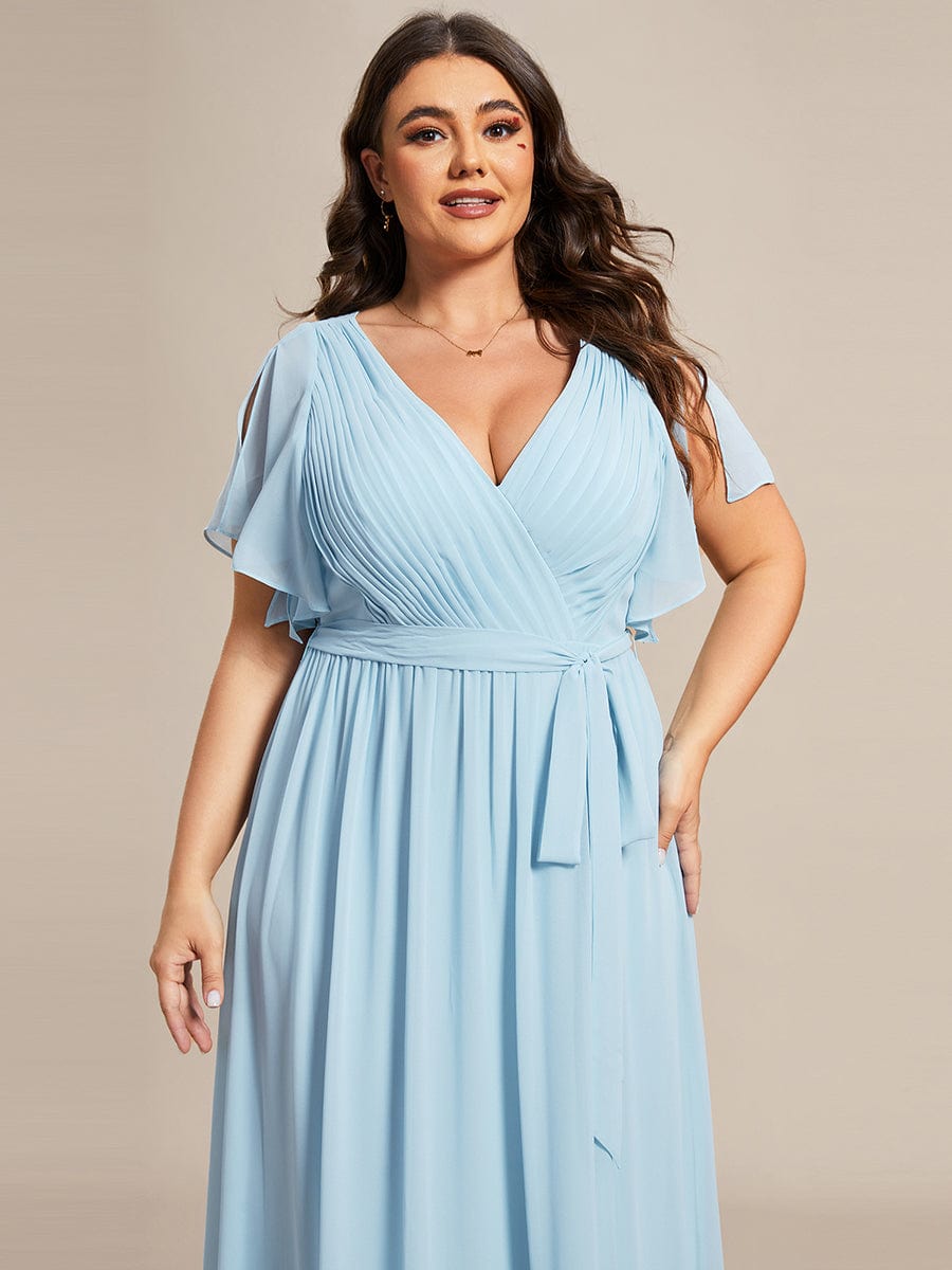 Robe de soirée en mousseline de soie longue de grande taille à encolureen V Maxi #Couleur_Bleu Ciel