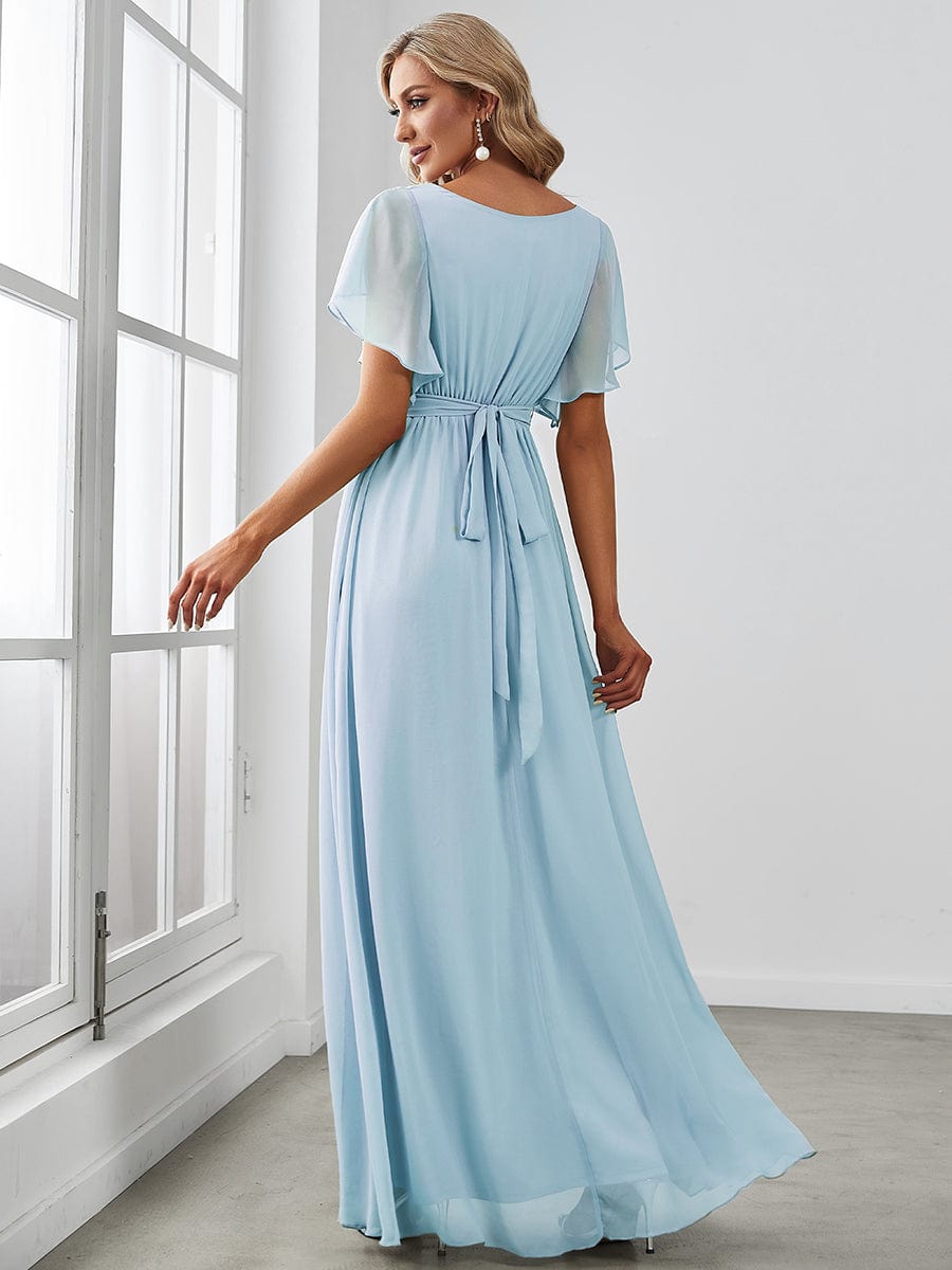 Robe mariage invitée en mousseline de soie à encolure en V et à manches flottantes #Couleur_Bleu Ciel