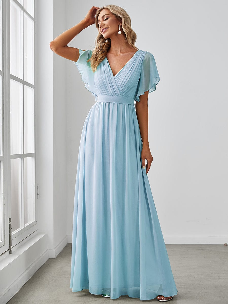 Robe mariage invitée en mousseline de soie à encolure en V et à manches flottantes #Couleur_Bleu Ciel