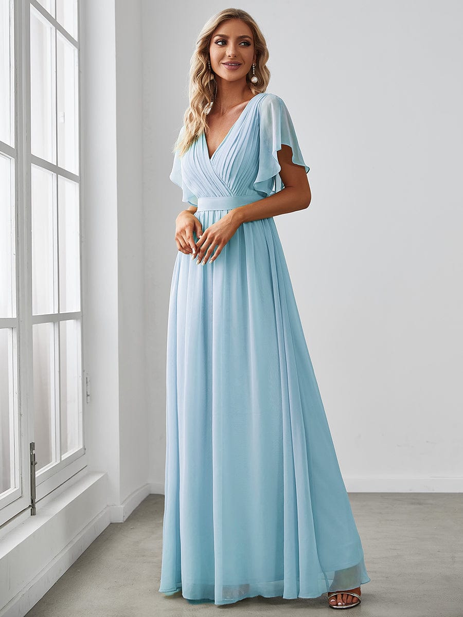 Robe mariage invitée en mousseline de soie à encolure en V et à manches flottantes #Couleur_Bleu Ciel