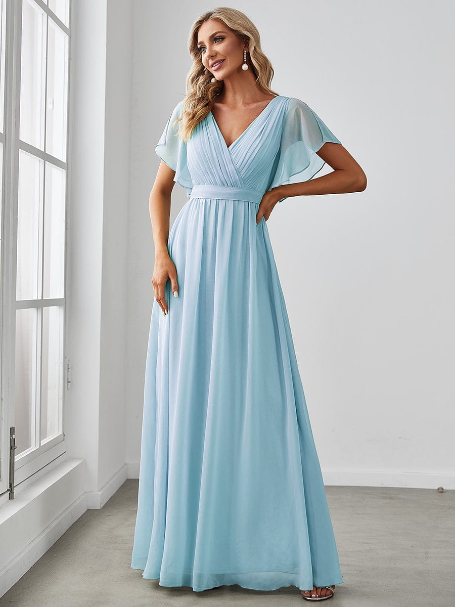 Robe mariage invitée en mousseline de soie à encolure en V et à manches flottantes #Couleur_Bleu Ciel