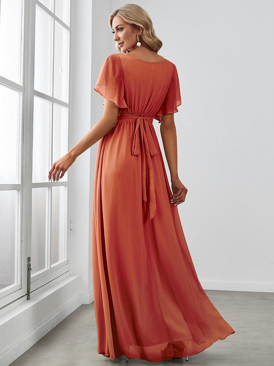 Robe mariage invitée en mousseline de soie à encolure en V et à manches flottantes #Couleur_Orange Brûlée