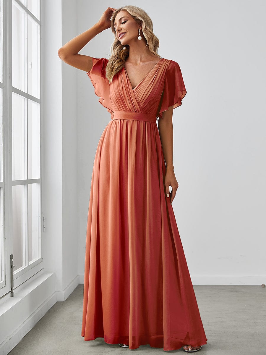 Robe de demoiselle d'honneur en mousseline de soie à encolure en V et à manches #Couleur_Burnt Orange