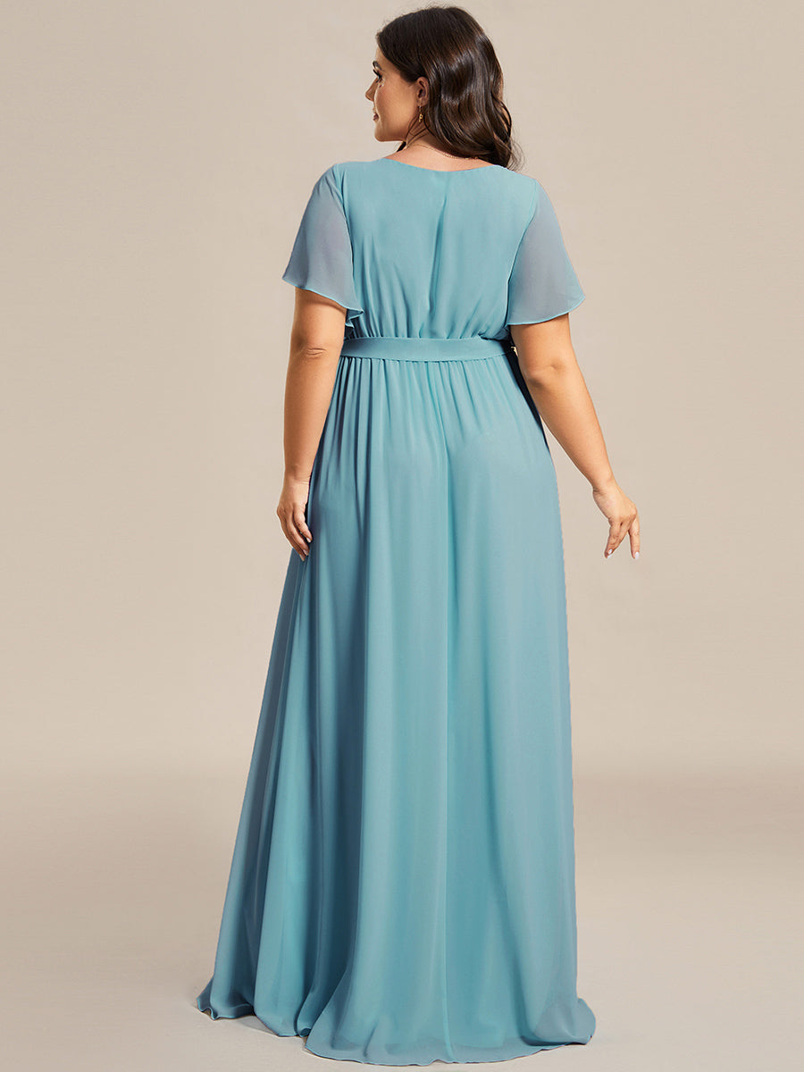 Robe mariage invitée en mousseline de soie à encolure en V et à manches flottantes #Couleur_Bleu Fume