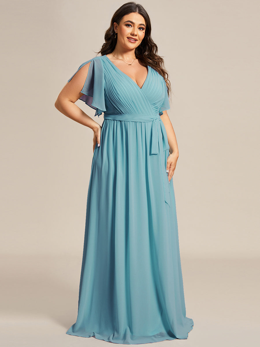 Robe de soirée en mousseline de soie longue de grande taille à encolureen V Maxi #Couleur_Bleu Fume