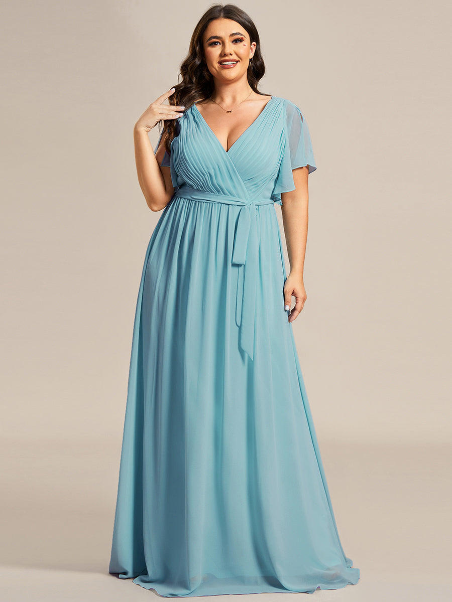 Robe mariage invitée en mousseline de soie à encolure en V et à manches flottantes #Couleur_Bleu Fume