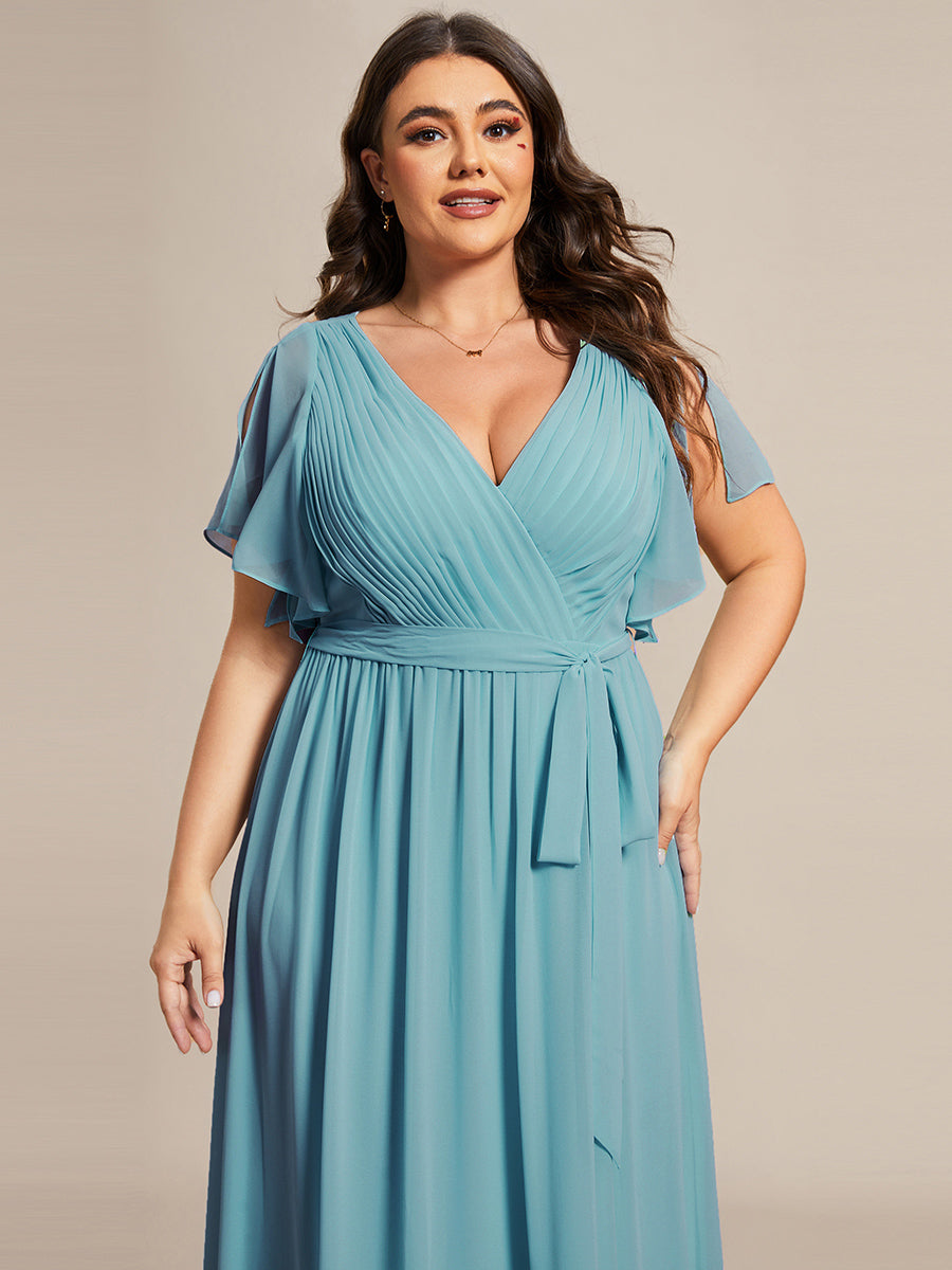 Robe mariage invitée en mousseline de soie longue de grande taille à encolure en V Maxi #Couleur_Bleu Fume