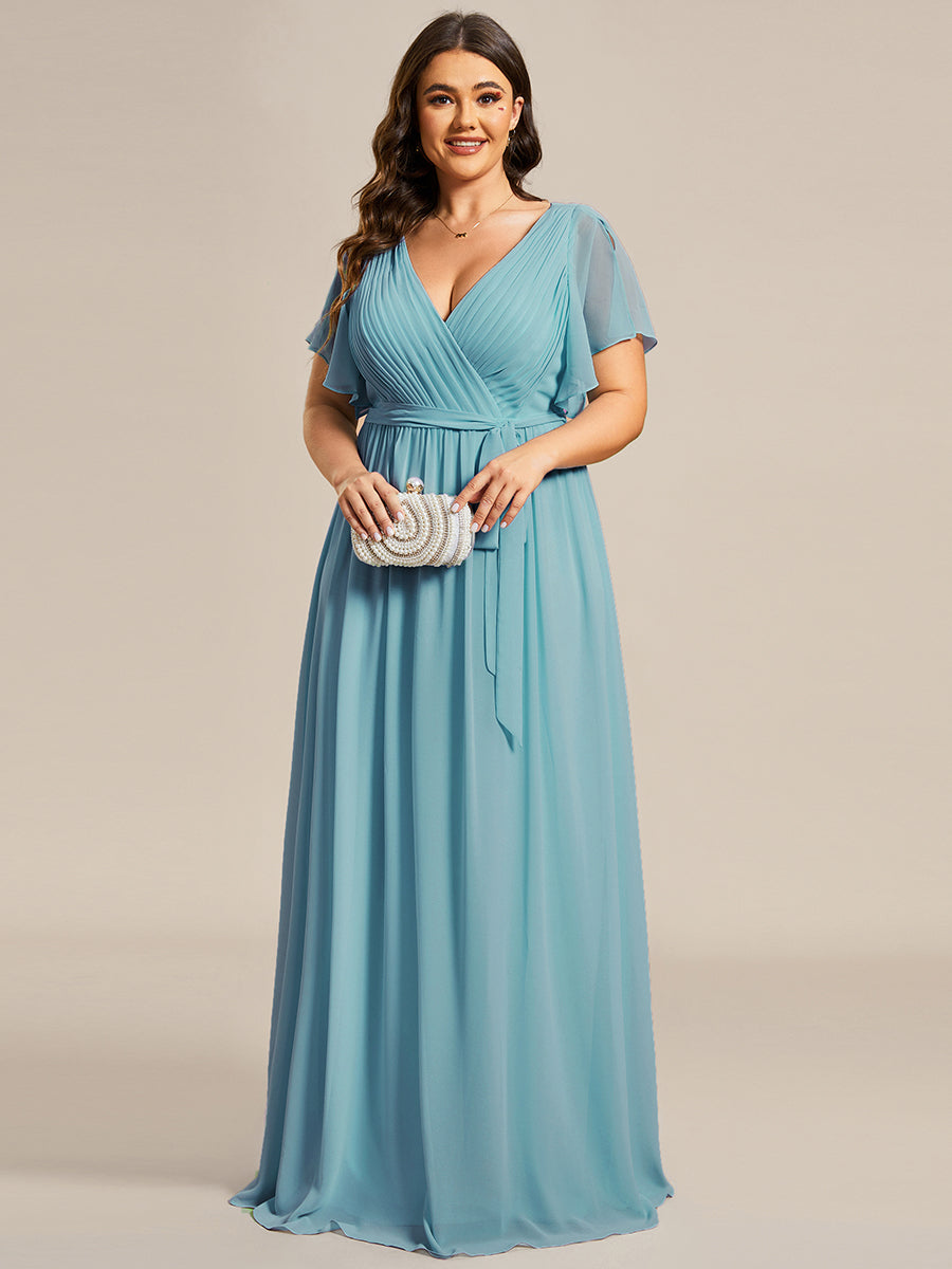 Robe mariage invitée en mousseline de soie longue de grande taille à encolure en V Maxi #Couleur_Bleu Fume