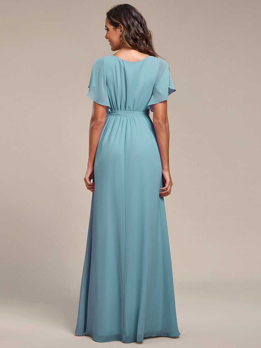 Robe mariage invitée en mousseline de soie à encolure en V et à manches flottantes #Couleur_Bleu Fume