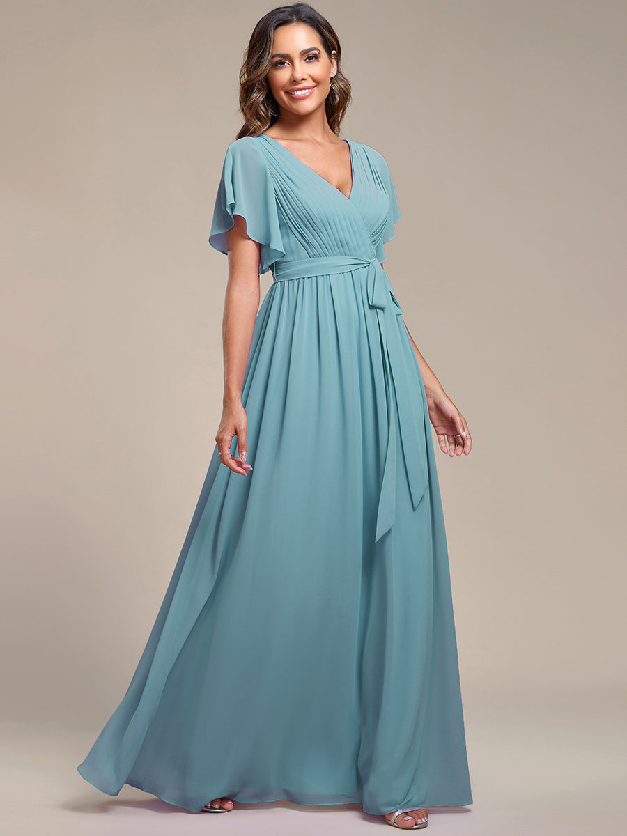 Robe mariage invitée en mousseline de soie à encolure en V et à manches flottantes #Couleur_Bleu Fume