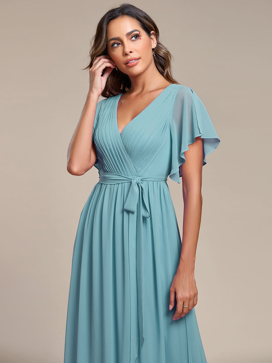 Robe mariage invitée en mousseline de soie à encolure en V et à manches flottantes #Couleur_Bleu Fume