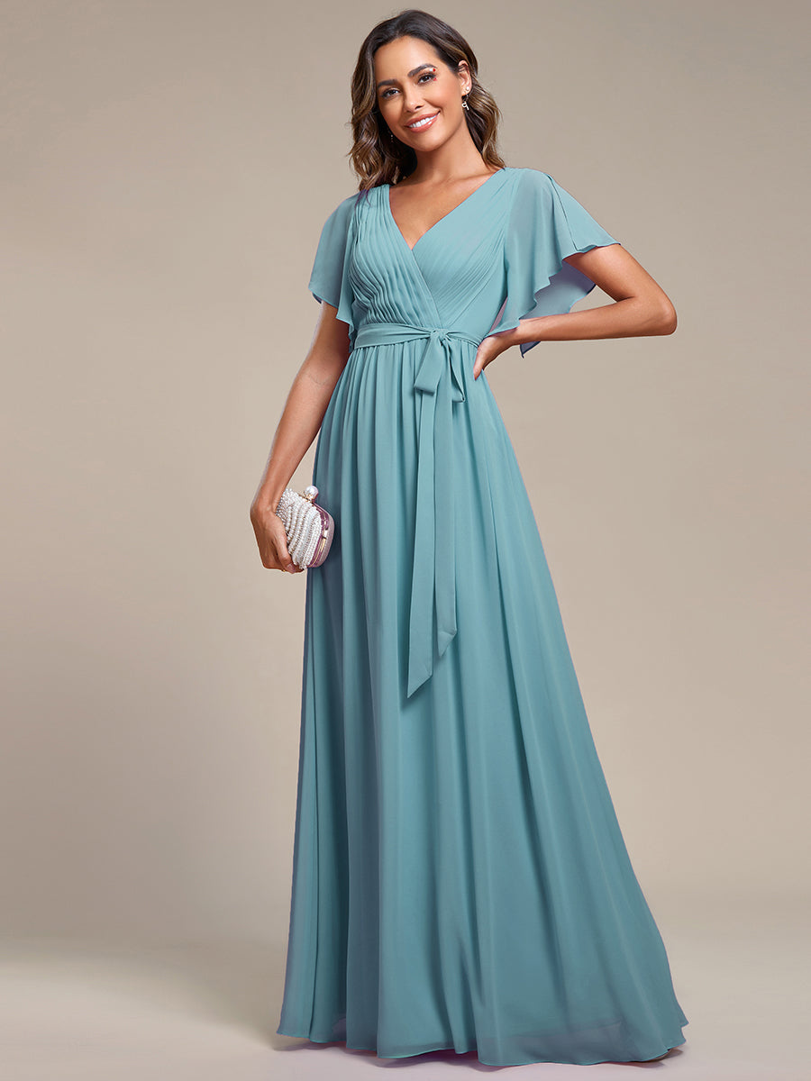 Robe mariage invitée en mousseline de soie à encolure en V et à manches flottantes #Couleur_Bleu Fume