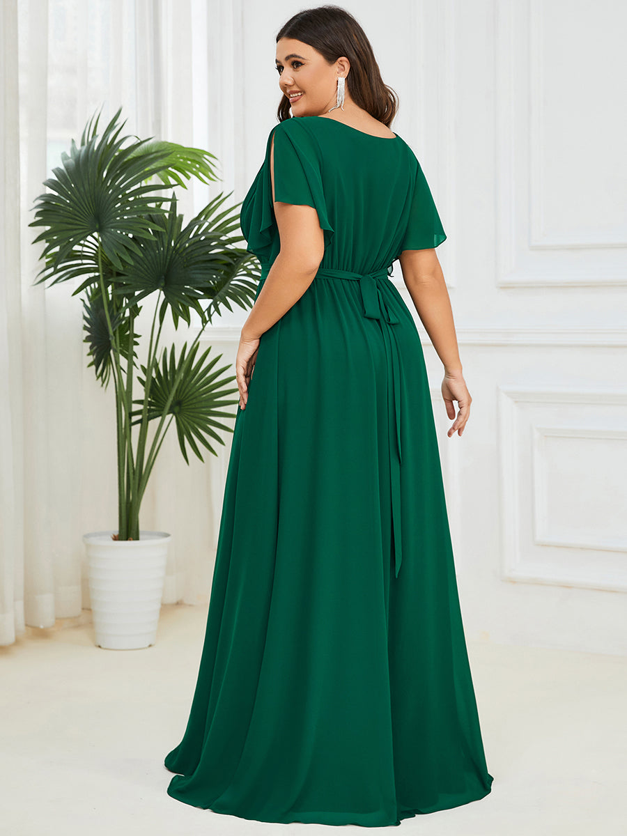 Robe mariage invitée en mousseline de soie longue de grande taille à encolure en V Maxi #Couleur_Vert Fonce