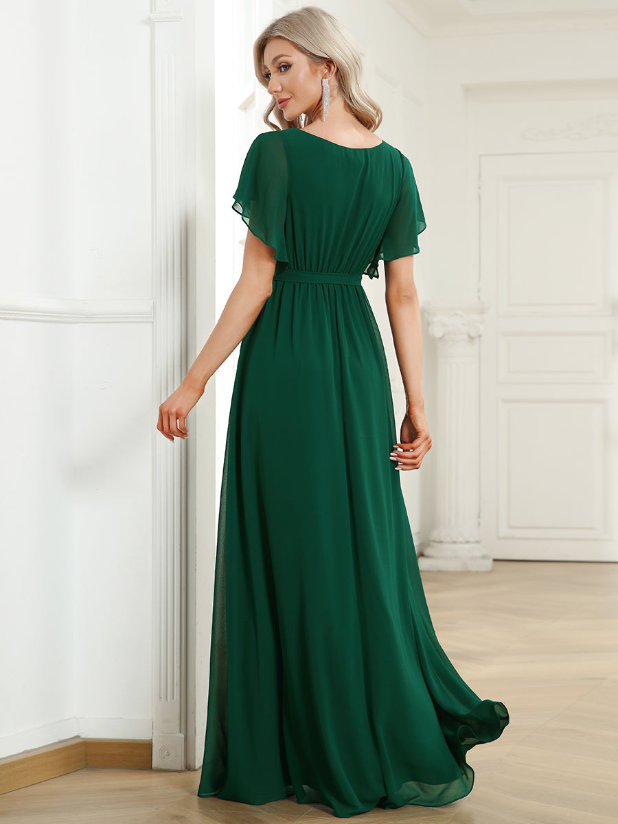 Robe mariage invitée en mousseline de soie à encolure en V et à manches flottantes #Couleur_Vert Fonce