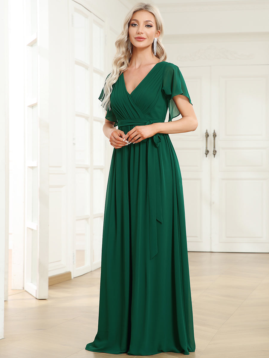 Robe mariage invitée en mousseline de soie à encolure en V et à manches flottantes #Couleur_Vert Fonce