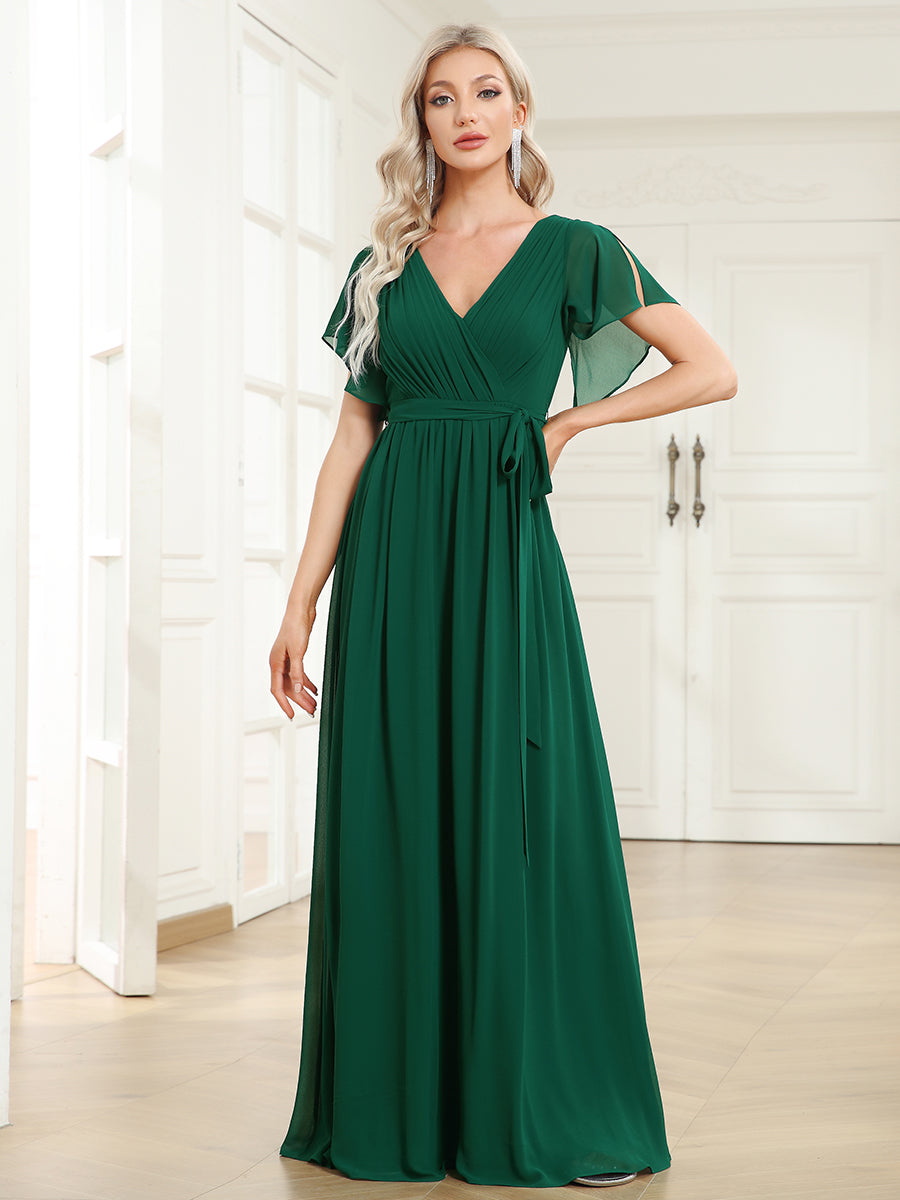 Robe de demoiselle d'honneur en mousseline de soie à encolure en V et à manches #Couleur_Vert Fonce