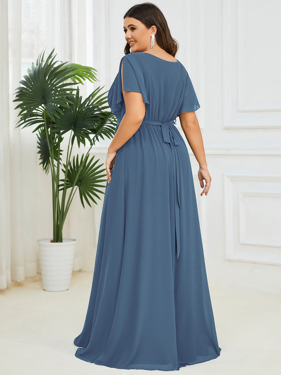 Robe mariage invitée en mousseline de soie longue de grande taille à encolure en V Maxi #Couleur_Marine Fume