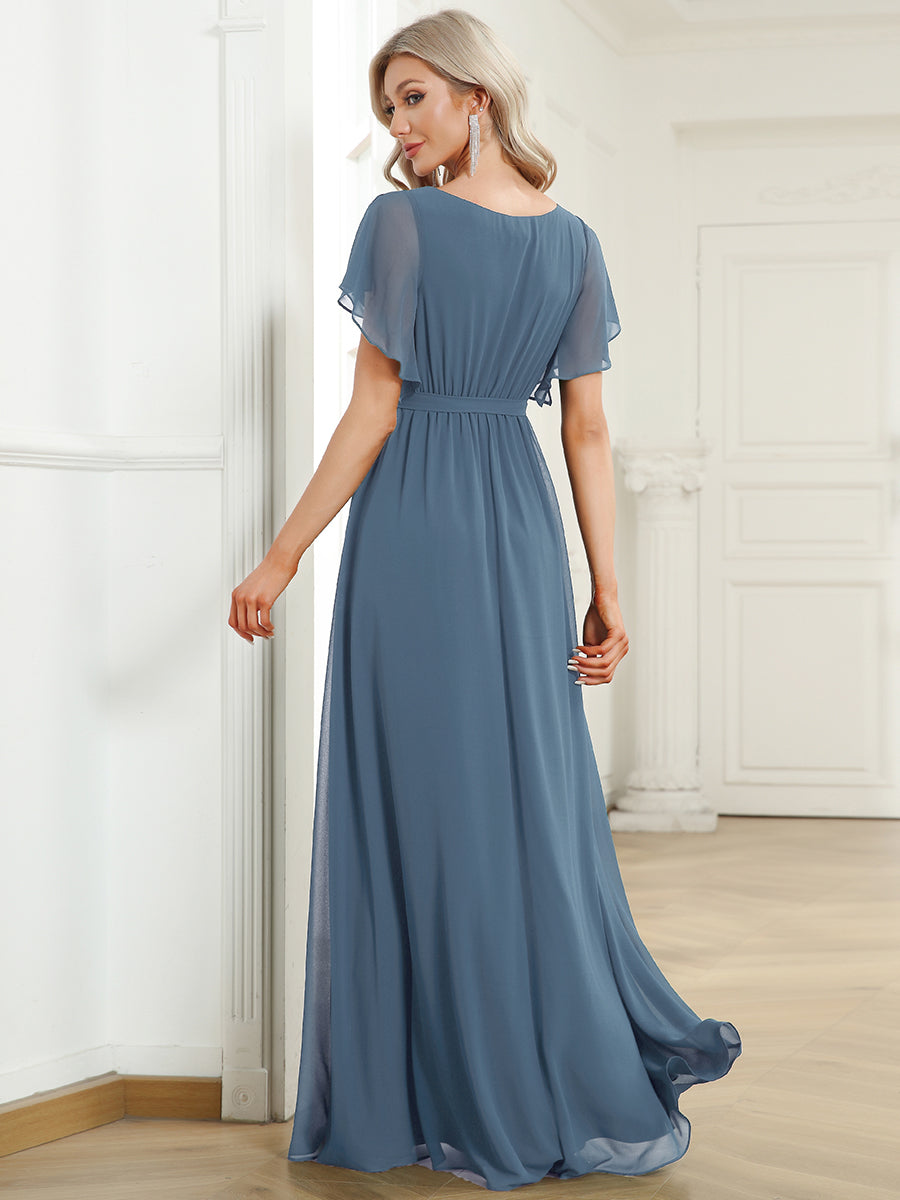 Robe mariage invitée en mousseline de soie à encolure en V et à manches flottantes #Couleur_Marine Fume