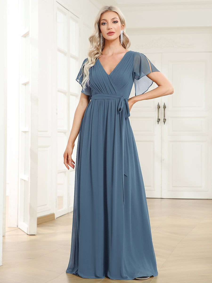 Robe mariage invitée en mousseline de soie à encolure en V et à manches flottantes #Couleur_Marine Fume