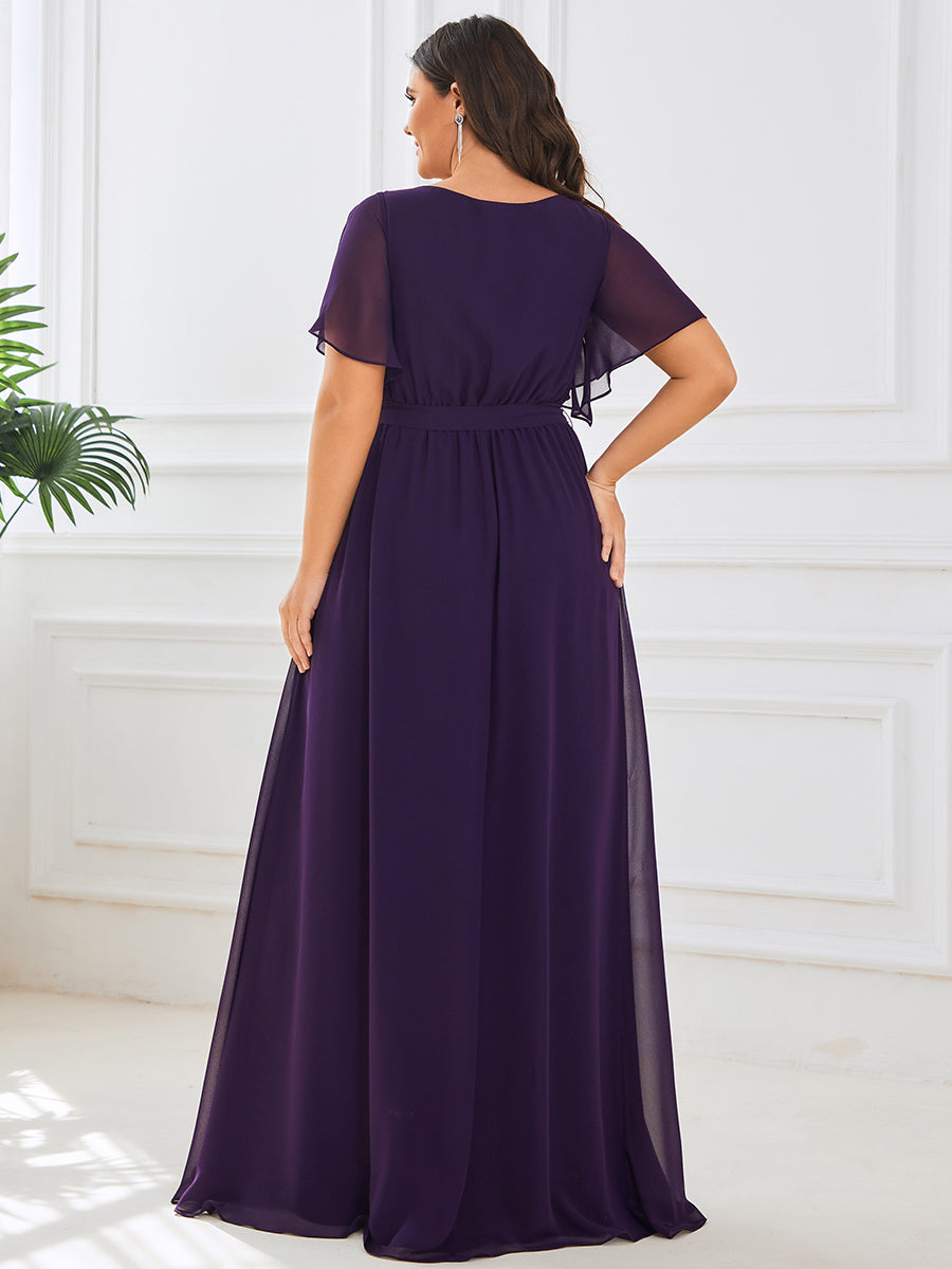 Robe de demoiselle d'honneur en mousseline de soie longue de grande taille à encolure #Couleur_Violet Fonce