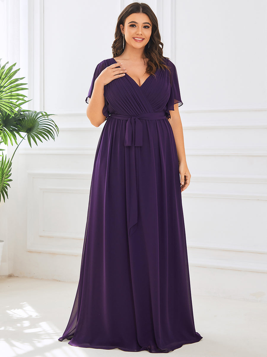 Robe de demoiselle d'honneur en mousseline de soie longue de grande taille à encolure #Couleur_Violet Fonce