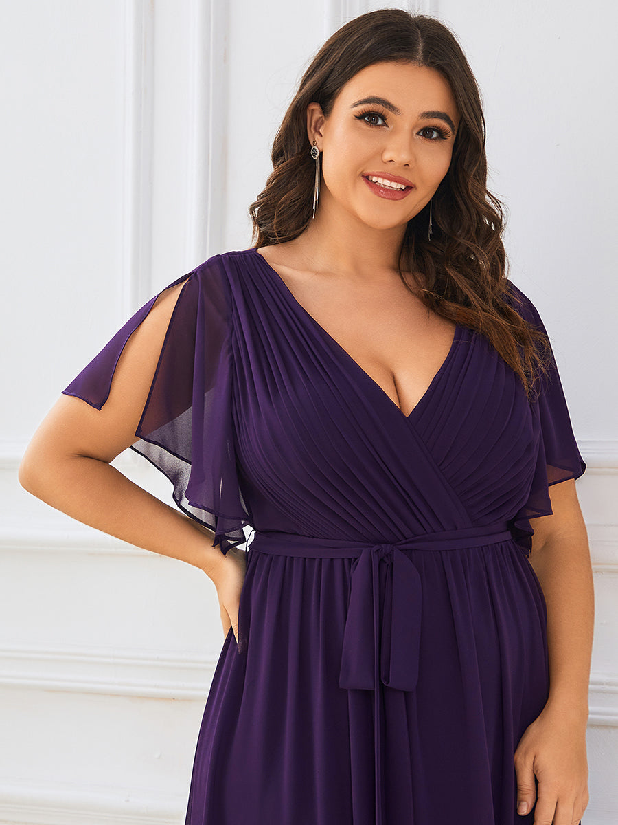 Robe mariage invitée en mousseline de soie longue de grande taille à encolure en V Maxi #Couleur_Violet Fonce