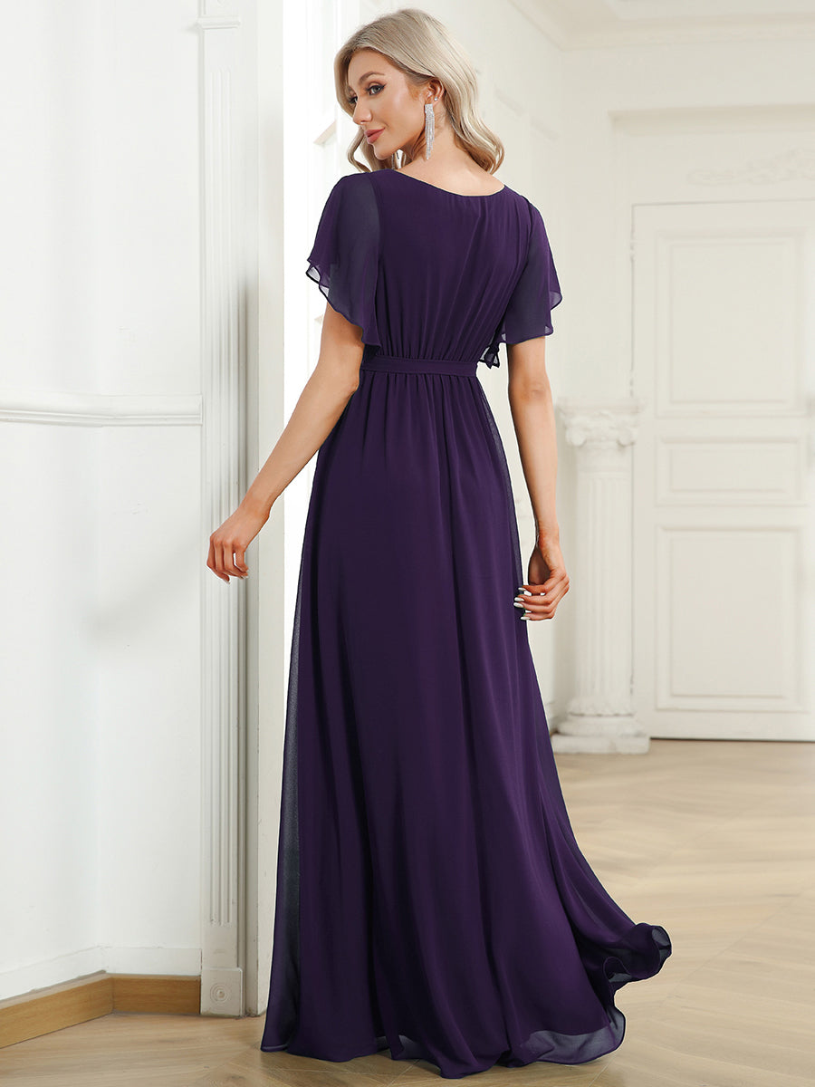 Robe mariage invitée en mousseline de soie à encolure en V et à manches flottantes #Couleur_Violet Fonce