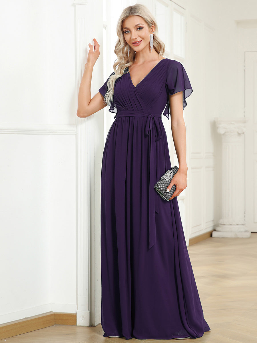 Robe mariage invitée en mousseline de soie à encolure en V et à manches flottantes #Couleur_Violet Fonce