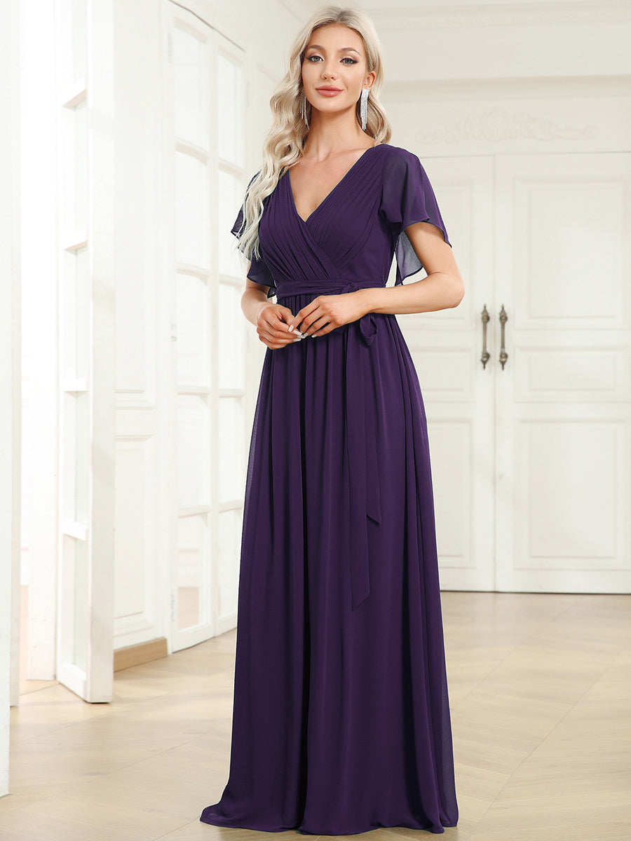 Robe mariage invitée en mousseline de soie à encolure en V et à manches flottantes #Couleur_Violet Fonce