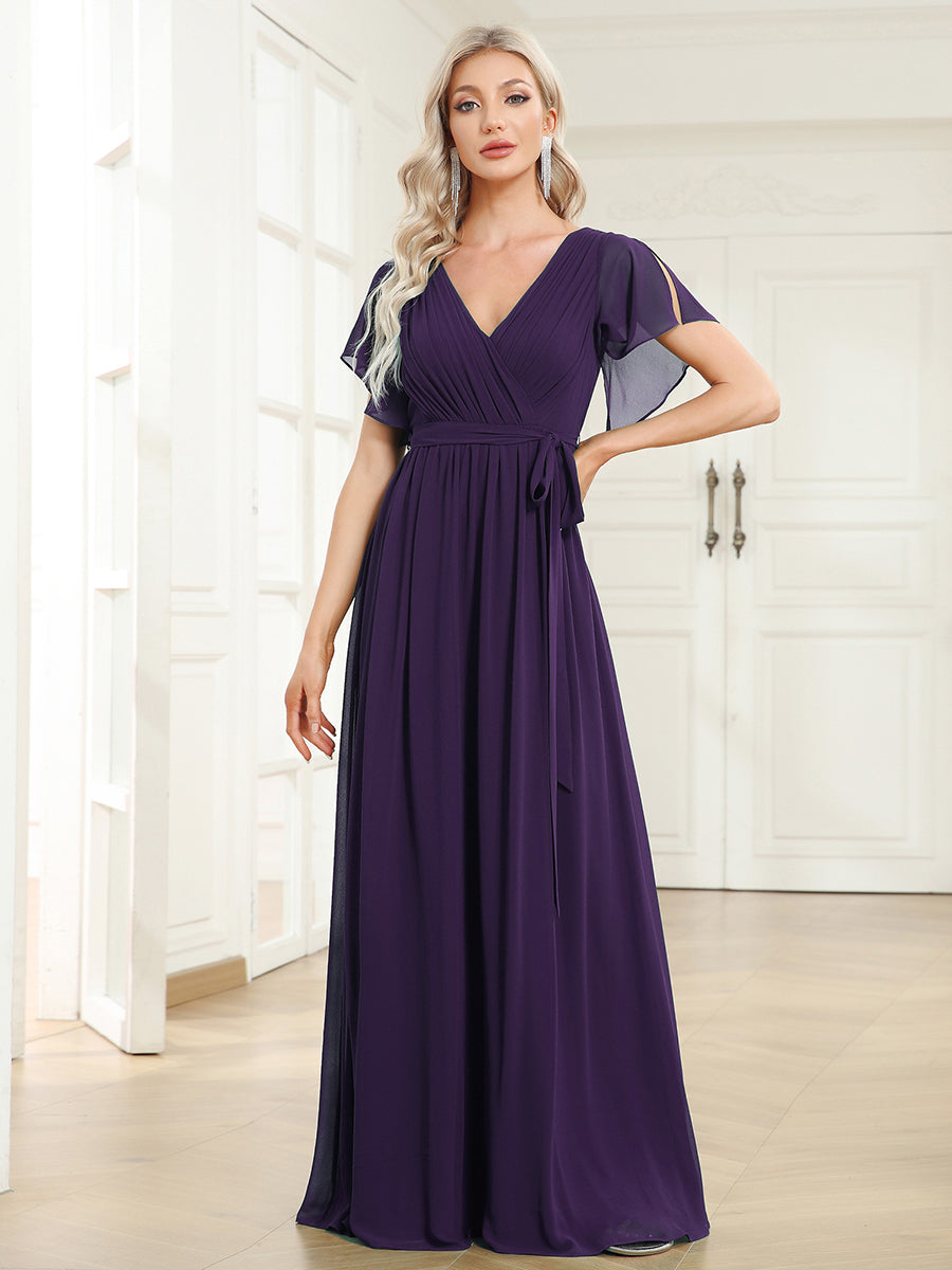 Robe mariage invitée en mousseline de soie à encolure en V et à manches flottantes #Couleur_Violet Fonce