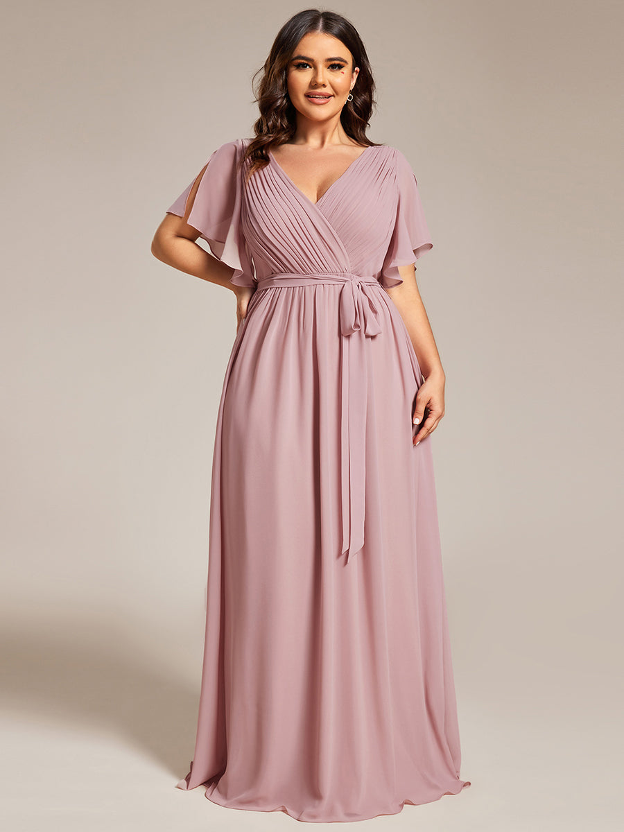 Robe mariage invitée en mousseline de soie à encolure en V et à manches flottantes #Couleur_Rose fumee