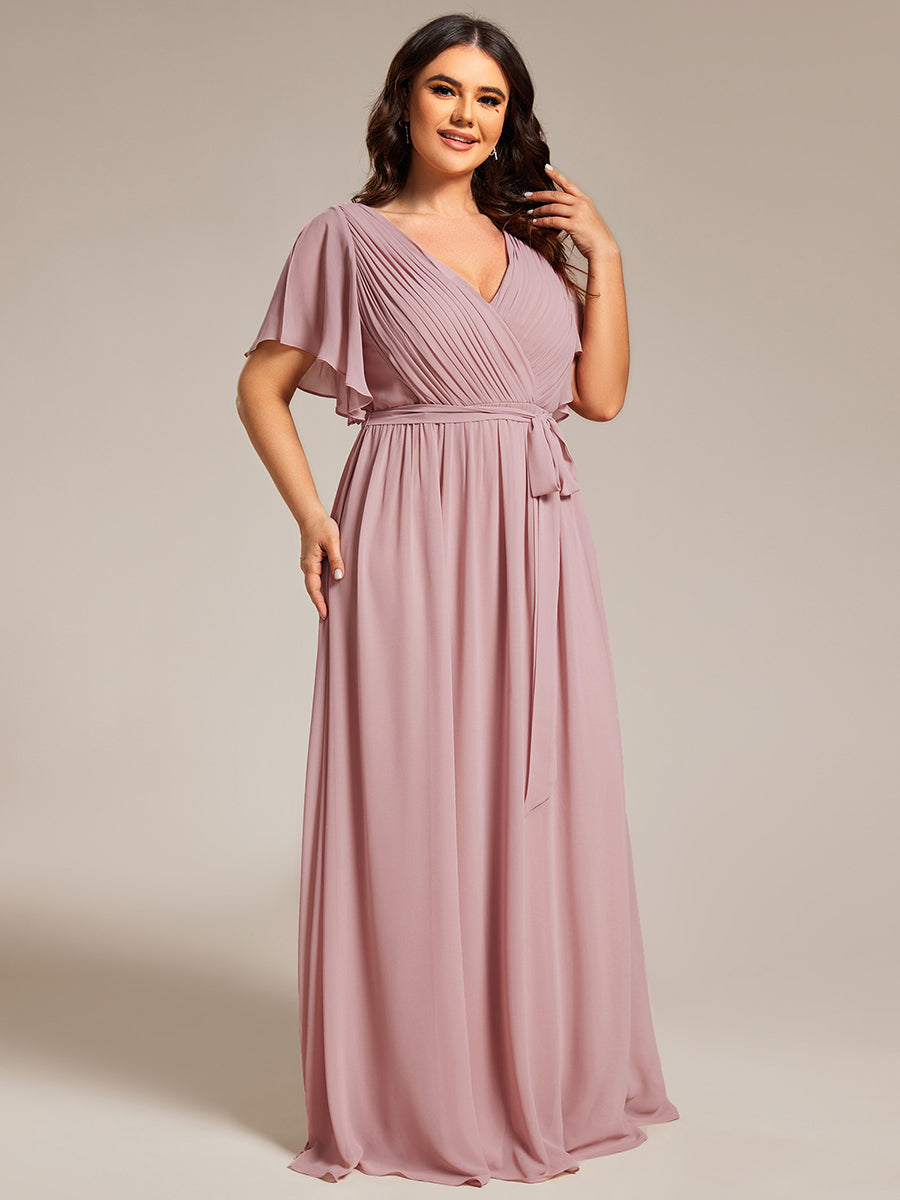 Robe de soirée en mousseline de soie longue de grande taille à encolureen V Maxi #Couleur_Rose fumee