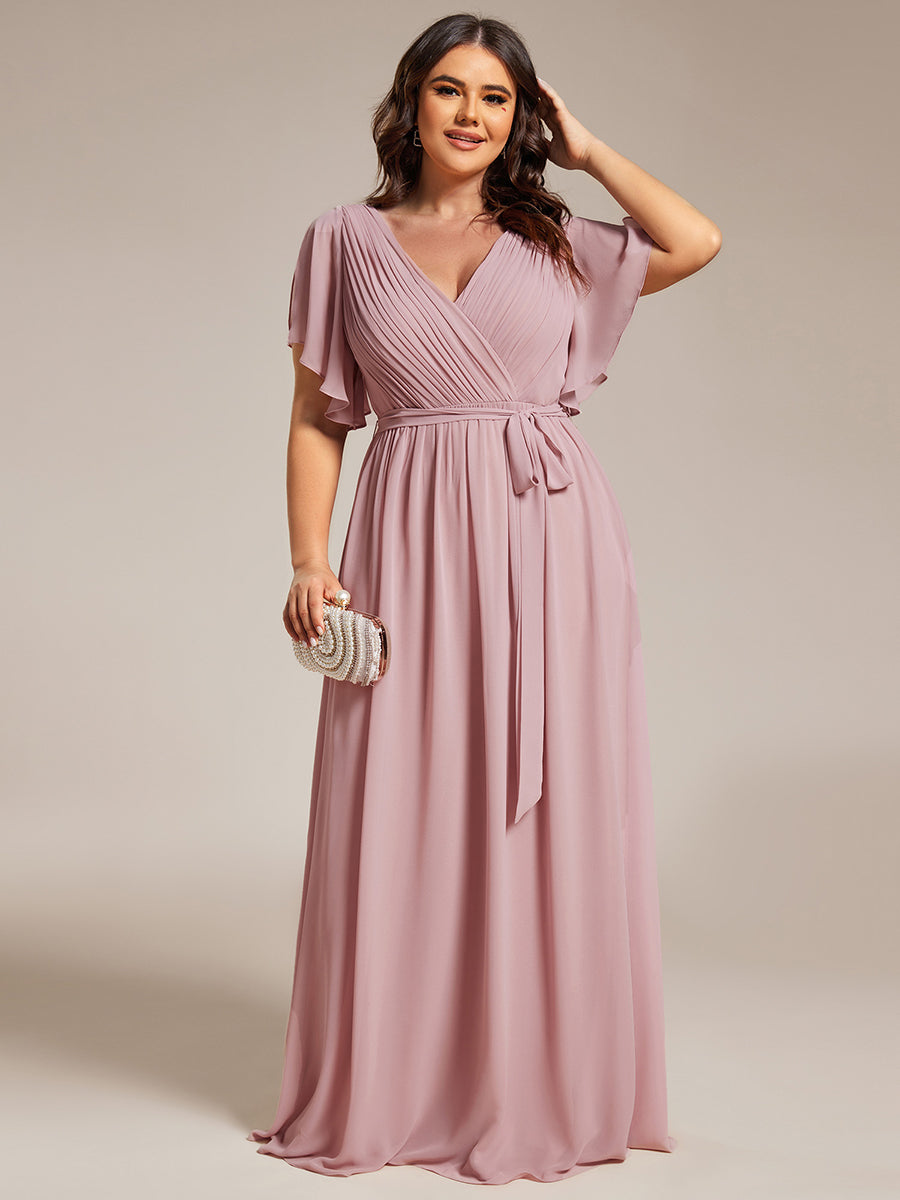 Robe de soirée en mousseline de soie longue de grande taille à encolureen V Maxi #Couleur_Rose fumee