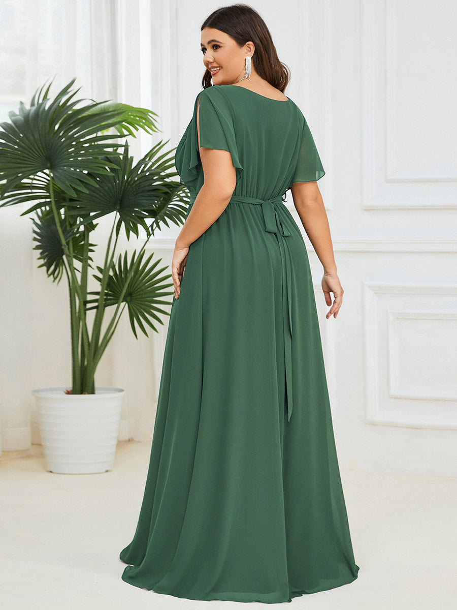 Robe de demoiselle d'honneur en mousseline de soie à encolure en V et à manches #Couleur_Eucalyptus