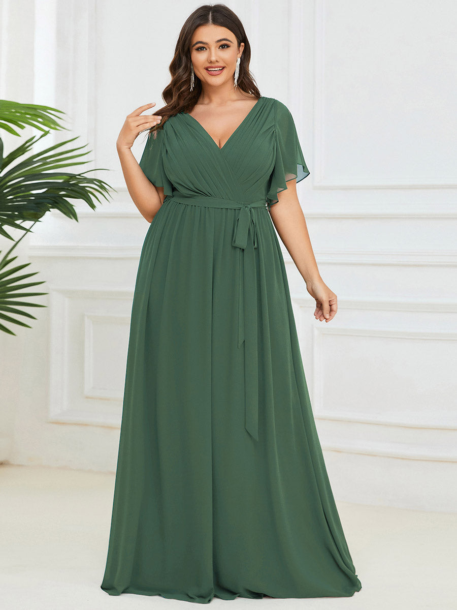 Robe mariage invitée en mousseline de soie longue de grande taille à encolure en V Maxi #Couleur_Eucalyptus